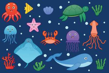 Vector set of marine life. Fish and wild marine animals. Underwater life. Cute whale, squid, octopus, stingray, jellyfish, fish, crab, turtle. Algae, corals and sea shells. Cartoon
