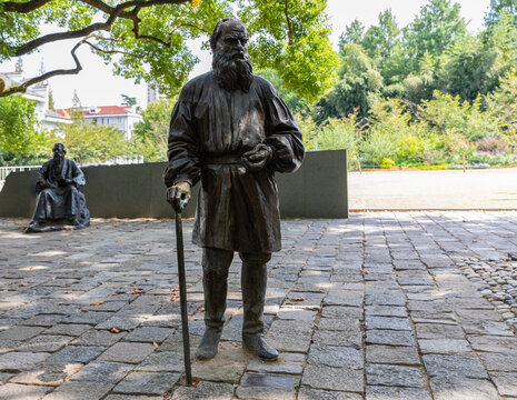 Statue of Leo Tolstoy at World Literary Giant Square in Luxun Park, Hongkou, Shanghai, China on October 6, 2020. Great Russian writer, one of the greatest authors of all time.