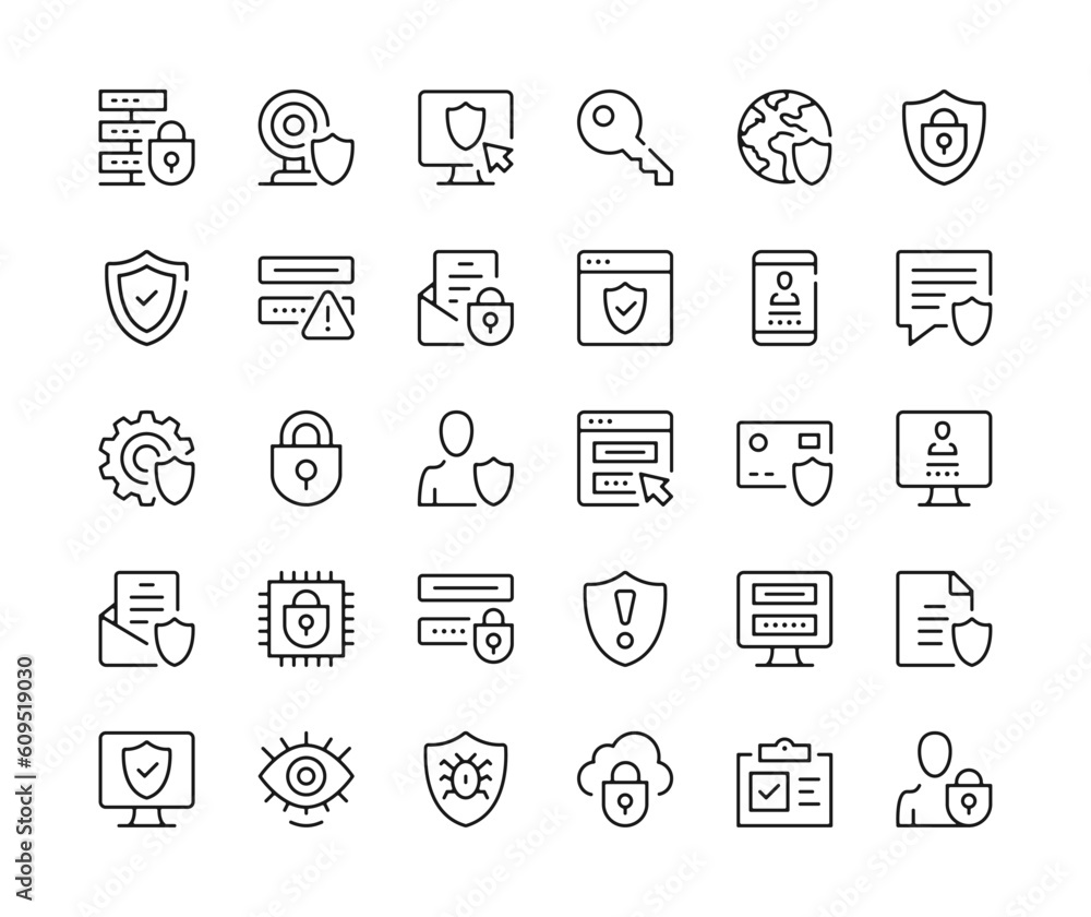 Poster data protection icons. vector line icons set. cybersecurity, privacy, secure access, internet securi