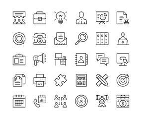 Office icons. Vector line icons set. Business, workplace, work concepts. Black outline stroke symbols