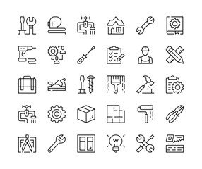 Home repair icons. Vector line icons set. Work tools, renovation, diy, property maintenance, building concepts. Black outline stroke symbols