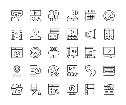 Cinema icons. Vector line icons set. Movie theater, film production, online video, streaming services, motion picture industry concepts. Black outline stroke symbols