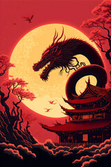 Dragon, Moon, Chinese Temple.