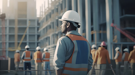 Professional engineer Work Wearing Safety Vest and Hard Hat Charmingly Smiling and Looks Into the Distance. Construction manager and engineer working on building site. Ai Generated
