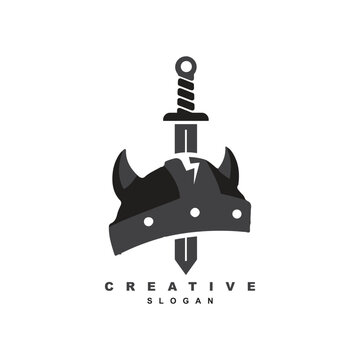 Broken Viking helmet with medieval sword logo design for your brand or business