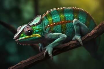 Beautiful green chameleon lizard family. A symbol of adaptation to change. AI generated, human enhanced