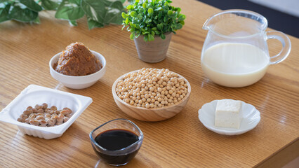 日本の大豆食品イメージ｜大豆・納豆・豆乳・醤油・味噌・豆腐