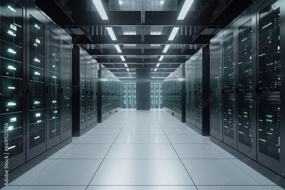 Poster a long hallway filled with rows of server racks in a high-tech data center demonstrates the importan