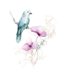 Watercolor painted arrangement. Bouquet with blue bird, branches, pink, violet poppy flower, golden line leaves.. 