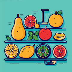 Colored set of old school fruits and kitchen utensils in retro style, vector image