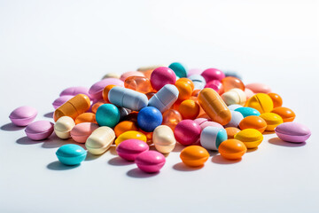A heap of colorful pills on a white background, AI Generation