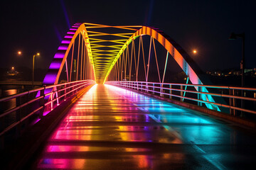 A bridge lit up at night with rainbow-colored lights, AI Generation