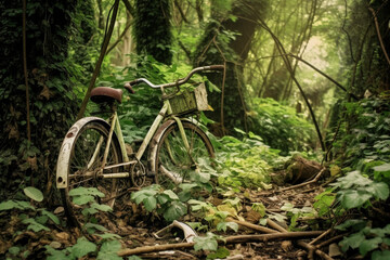 Fototapeta na wymiar An abandoned bicycle overgrown with vines in a lush forest, AI Generation