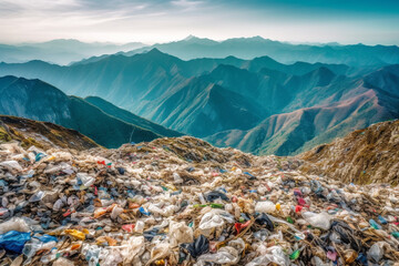 Mountains of plastic waste stretching as far as the eye can see, AI Generation