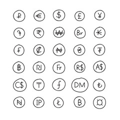 doodle circle currency symbol international icon isolated. Hand drawn style. Round shape