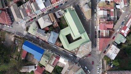 populated city hills seen from above drone view
