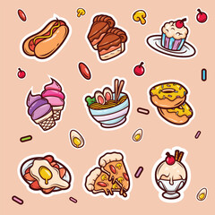 Food cute doodle vector and sticker collection