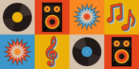 Keuken foto achterwand Retro music seamless vector pattern. Vibrant bold flat graphic style design with musical elements. Vinyl records, speakers and music note illustrations. Repeat background wallpaper. © Grace
