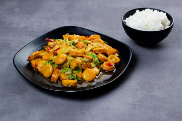 Saute sweet spicy sausage with black plate. Dark mood photography.