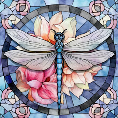 A colorful round stained glass mosaic portrait of a cute dragonfly in the nature
