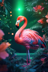Fototapeta premium Flamingo in tropical nature forrest background. Animal and environment concept. Generative ai