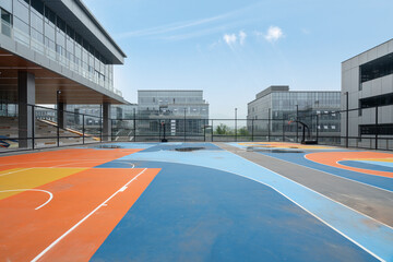 Basketball court and office building in the technology park - obrazy, fototapety, plakaty