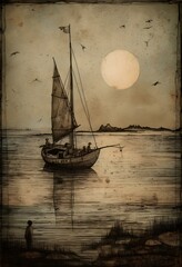 A boat is in the water at the moment, in the style of gothic illustration, use of vintage imagery, romantic moonlit seascapes, sepia tone, depiction of rural life, ,ai, generative, generative ai