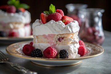 British Eton Mess dessert with layers of whipped cream served on a ceramic plate. (Generative AI)