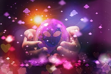 Fortune teller glass ball : Future forecast UFO Alien contract human, hands with shining many UFO...