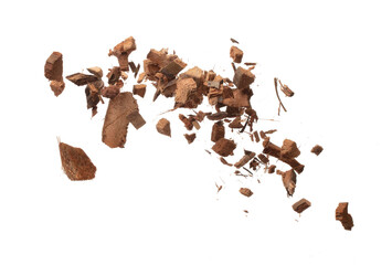 Coconut peel husk flying explosion, coconut chopped big L size abstract cloud fly. Coconut shell peel fertilizer splash throwing in Air. White background Isolated high speed shutter, freeze action