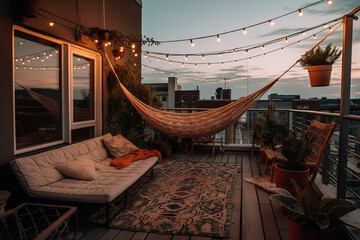 At dusk in the summer, a comfortable rooftop patio area with a lounging area, a hanging chair, and string lights is there. Generative AI