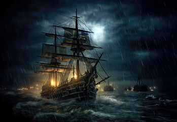 Obraz premium An 18th century warship sailing in rough seas with a battle in the background, generative ai