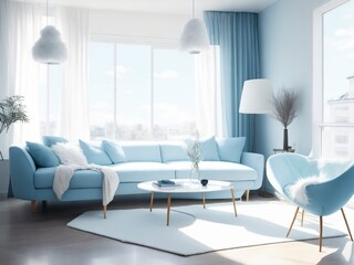 Modern Interior with White Sofa, Fur Accents, and Beautiful Lamps, Light Blue Color Theme