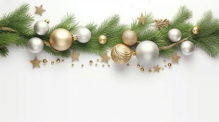 Christmas Decoration With Fir Branches and baubles On a white background, Generative Ai