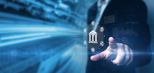 Financial banking ecosystem concept, money planning management, target to success, interest rate, income and return, investment fund, dividend tax, retirement, revenue growth, chart, graph, database.