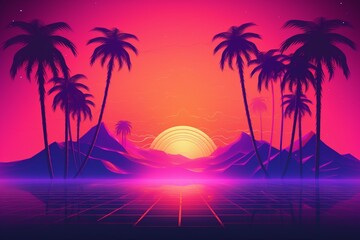 Fototapeta na wymiar Generative AI. Retro futuristic synthwave retrowave styled night cityscape with sunset on background. Cover or banner template for retro wave music. palms