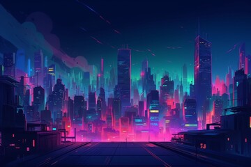 Generative AI. Futuristic night city. Cityscape on a colorful background with bright and glowing neon lights. Wide city front perspective view. Cyberpunk and retro wave style illustration
