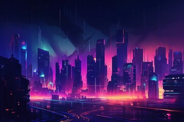 Generative AI. Modern metropolis night landscape in fluorescent, neon colors cartoon vector with illuminated futuristic architecture skyscrapers buildings on city bay shore illustration. Urban cyberpu