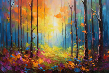 Obraz na płótnie Canvas Romantic forest in the sunlight abstract painting. AI generative