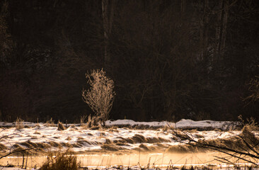 winter field and river in sunrise 