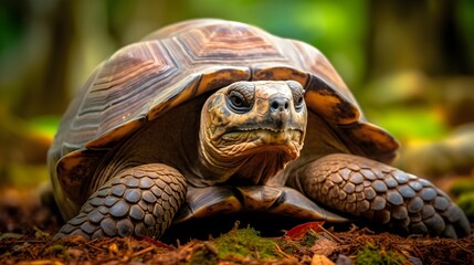 Land turtle on the forest ground, close up photography style, horizontal format 16:9. Generative AI