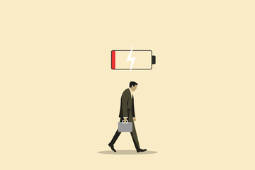 Businessman with low battery red color. Business life energy