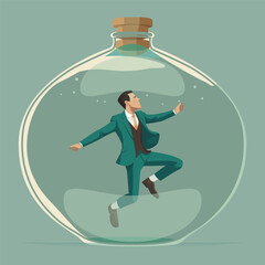 Businessman with suit trapped in a glass of jar. thinking outside the box concept vector illustration