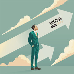 Business arrow concept with businessman with suit looking up into the sky and cloud. grow chart increase profit sales and investment. contemplating about being success and positive vector.