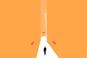 Businessman walking follow arrow. concept of ambition, motivation, opportunities and success