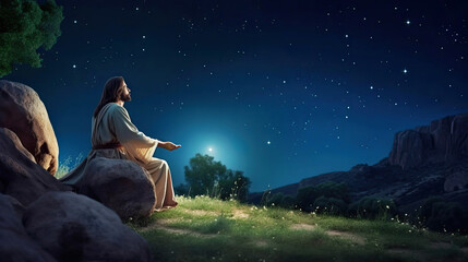 Jesus Christ of Nazareth kneeling and praying at night in garden of Gethsemane background. Generative ai.