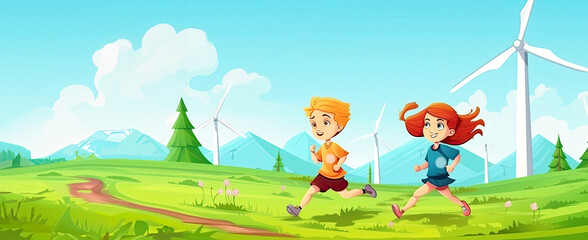 Obraz na płótnie Canvas Little girl and boy are running in front of windmills. Renewable energies and sustainable resources - wind mills. children playing cartoon.Generative ai.