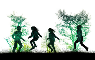 Obraz na płótnie Canvas Silhouette back refugee kid group.Responsible.Kid child boy and girl worship.World kids day, Pray and worship, Hope, freedom, Diverse, Faith.Green ecology nature.generative ai.