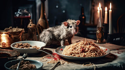 Close-up young rats (Rattus norvegicus) sniffs leftovers on a plate on the dinner table.Generative ai. - obrazy, fototapety, plakaty