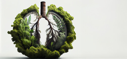 Human lungs are made with fresh green plant leaves on white background. Minimal coronavirus or pneumonia concept. Green, world health or environment day and ecology concept.banner, Generative AI
